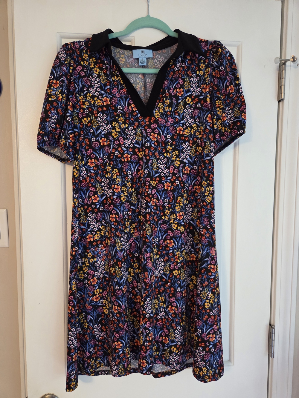 Cece Collared V-Neck Dress - Black with Multicolor Floral Print, NWOT